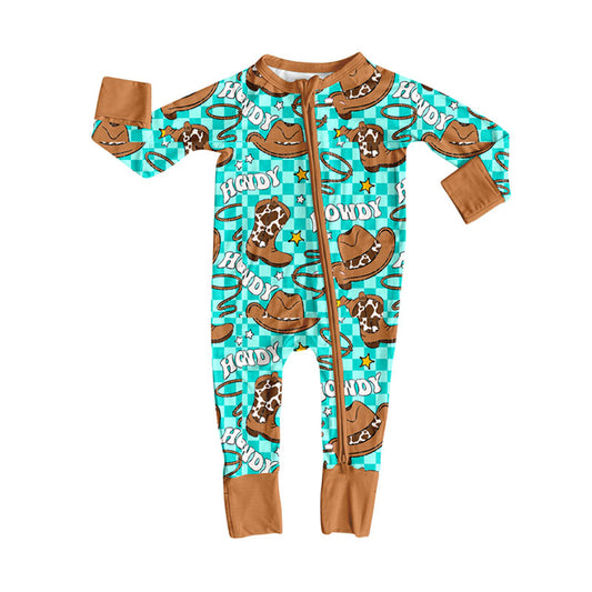 Preorder (moq 8)Baby Boys Aqua Checked Hats Boots Howdy Western Zipper Footie Rompers
