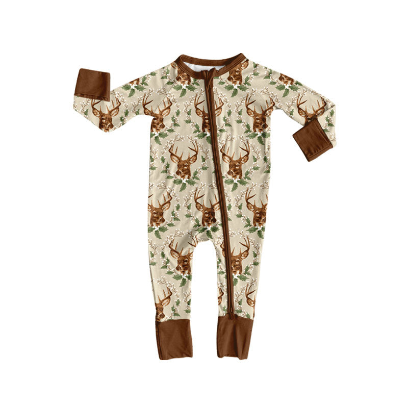 Preorder (moq 5) Baby Boy Clothes Deer Holly Winter Mixed Print Long Sleeve Zipper Baby Romper