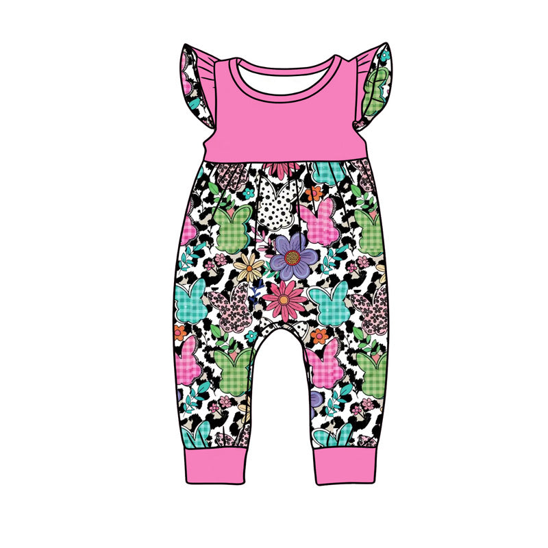preorder(moq 5) Baby Girls Flutter Sleeve Colorful Rabbits Leopard Easter Rompers