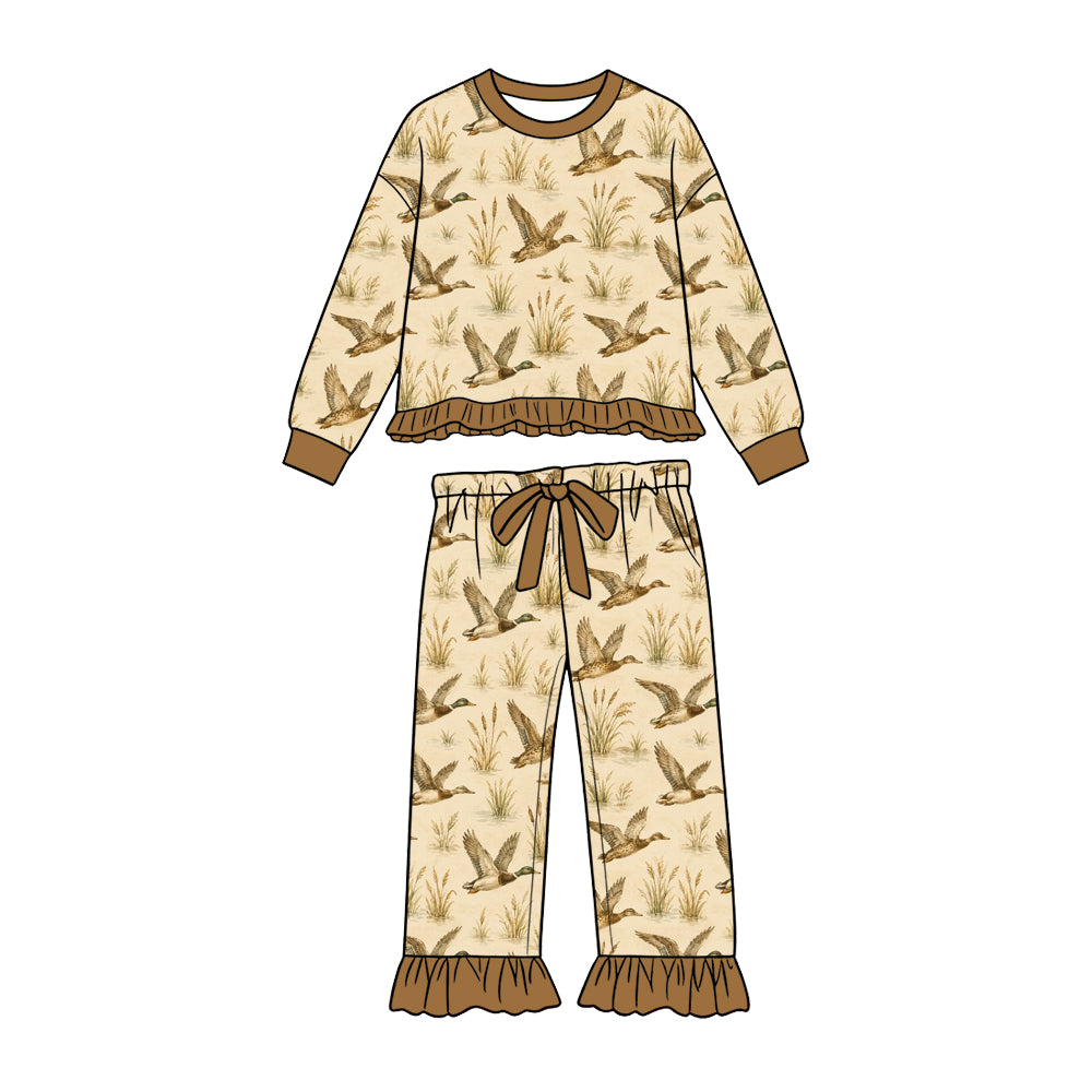 Preorder (moq 5) Baby Girl Clothes Khaki Flying Mallard Duck Allover Print Long Sleeve Ruffle Top Flare Pant Set