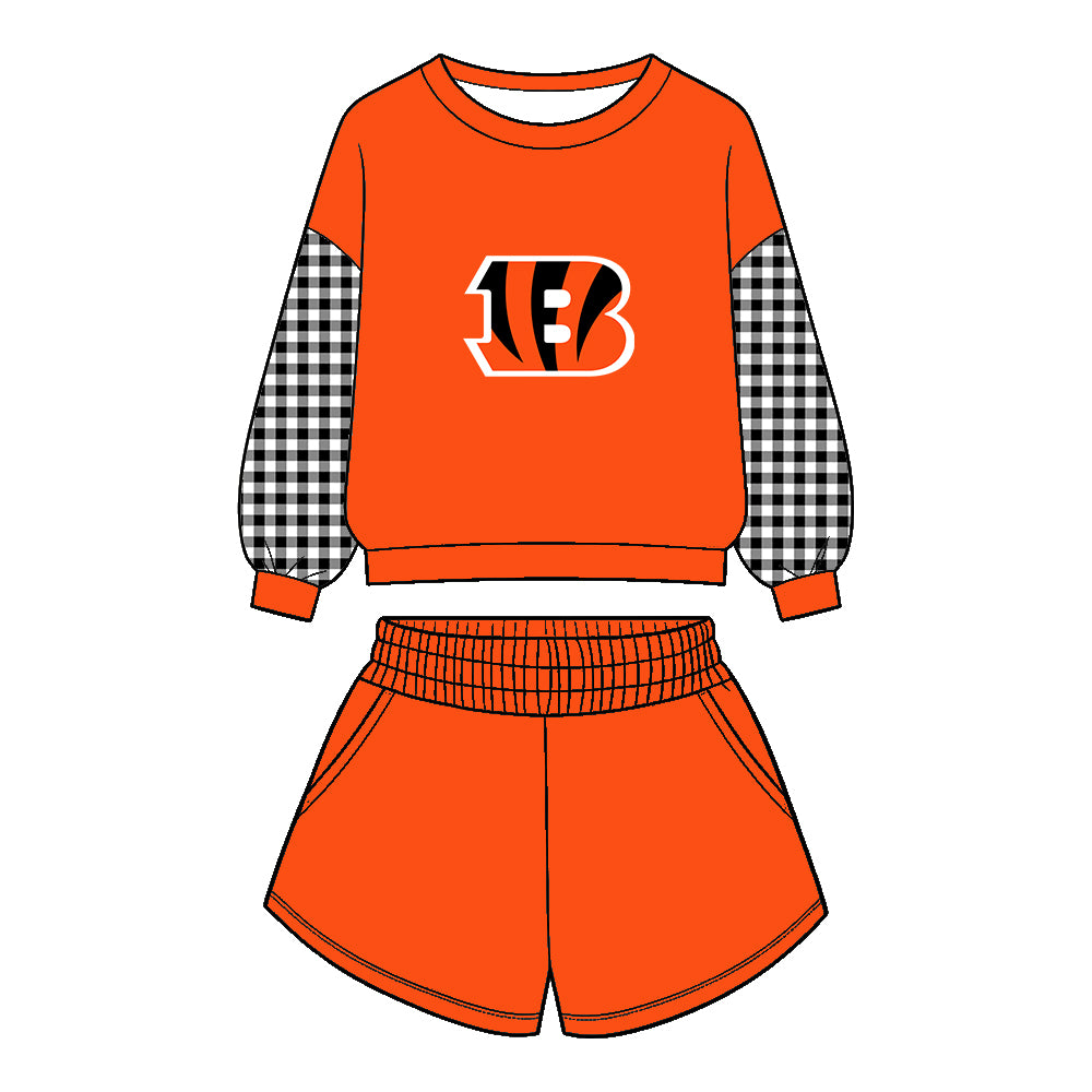 Preorder (moq 5)Baby Boys Orange Long Sleeve Bengals Top Pockets Short Team Clothes Set