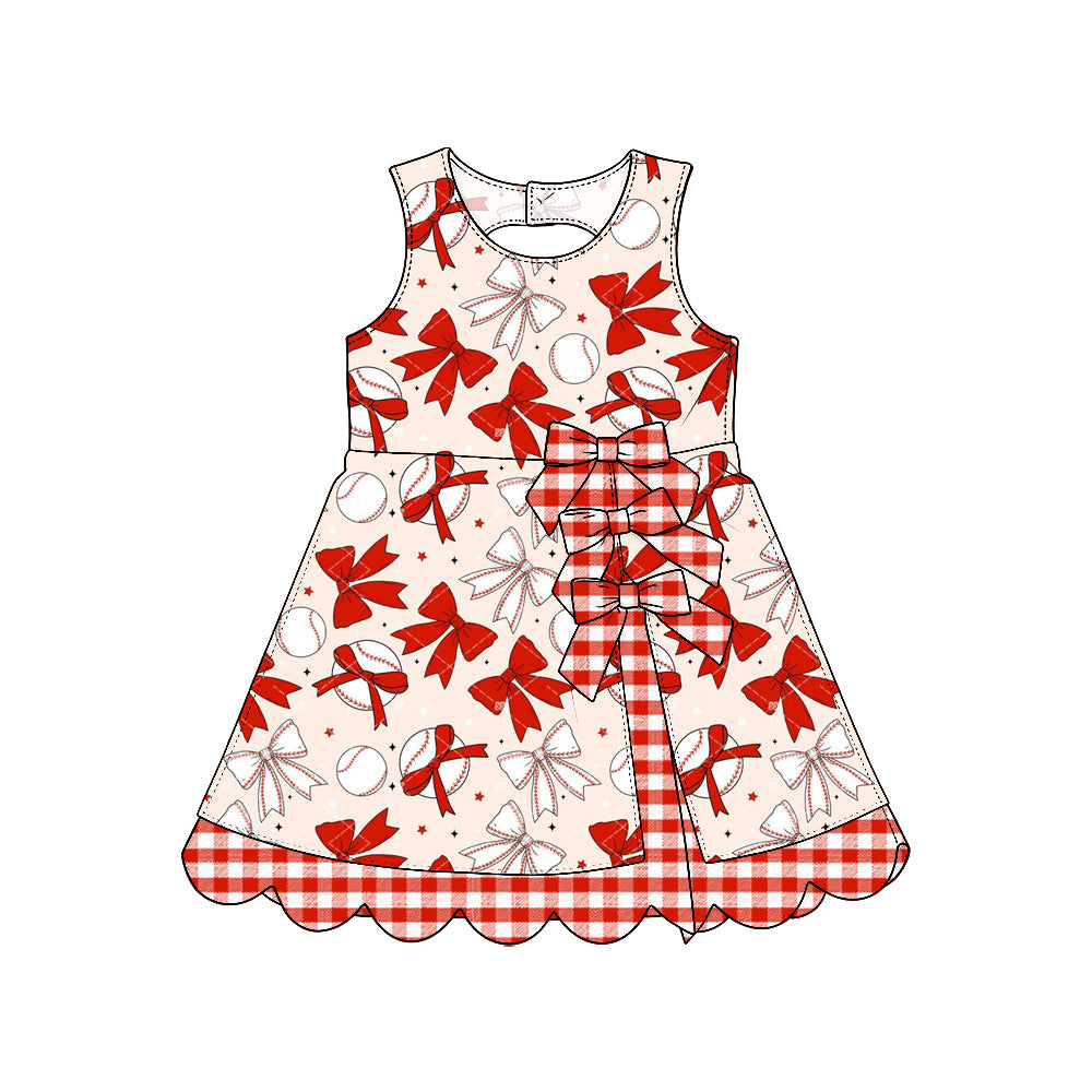 Preorder (moq 5) Baby Girl Clothes Baseball Red Bow Allover Print Sleeveless Dress