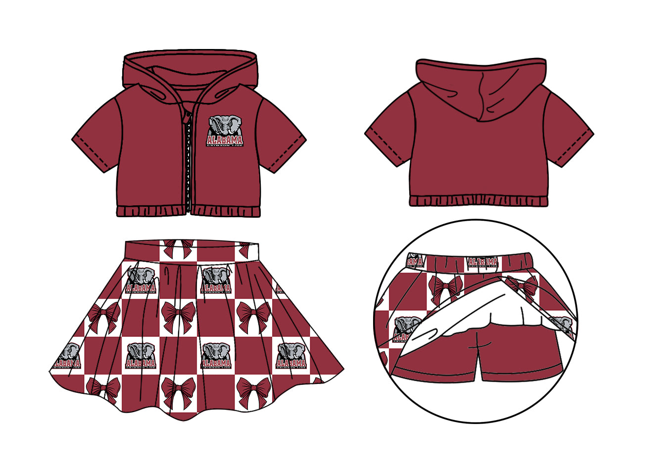 Preorder (moq 5)Baby Girls Alabama Bows Zip Hoodie Jackets Skirt Short Team Clothes Sets