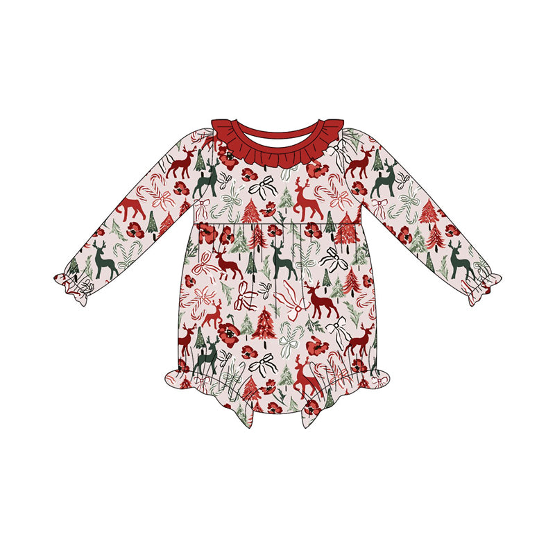Preorder (moq 5)Baby Girls Long Sleeve Bows Deer Christmas Ruffle Rompers