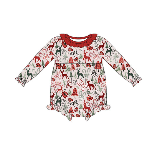 Preorder (moq 5)Baby Girls Long Sleeve Bows Deer Christmas Ruffle Rompers