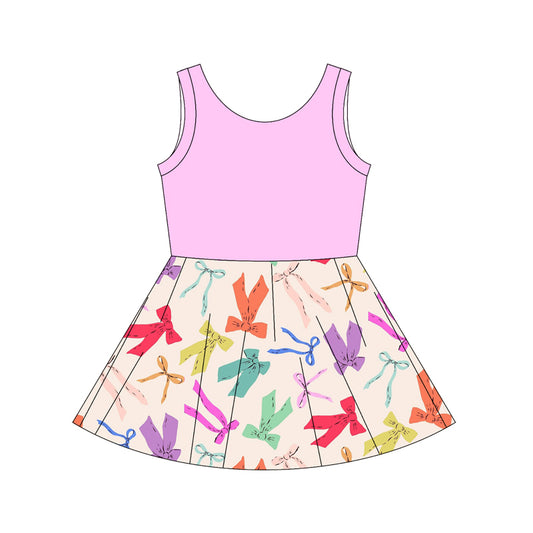 Preorder moq 10 Baby Girls Pink Sleeveless Top Colorful Bows Patchwork Knee Length Dresses