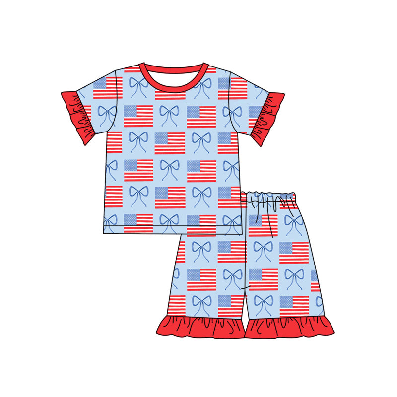 Preorder moq 5 Baby Girls Short Ruffle Sleeves Flags Bows Top Short 4th Of July Pajamas Set