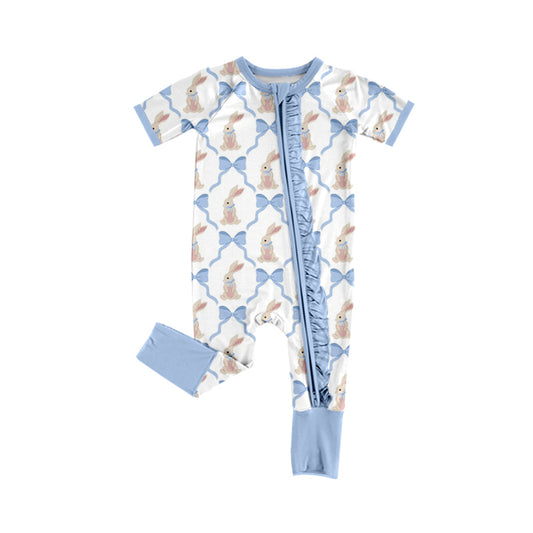 Preorder (moq 5)Baby Girls Blue Bows Rabbits Easter Two Way Ruffle Zip Convertible Rompers