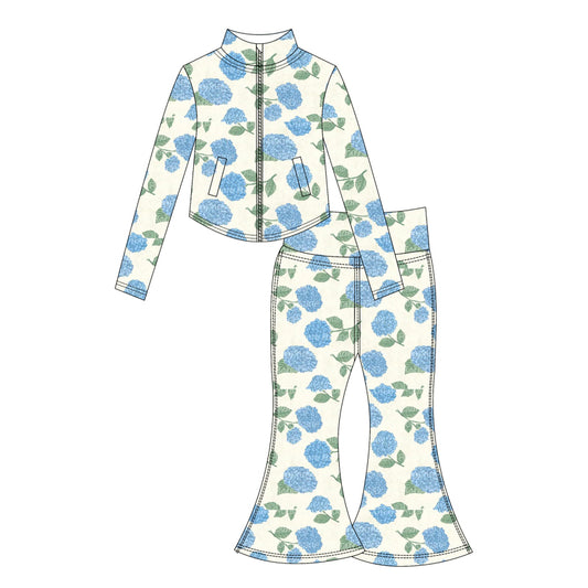 Preorder moq 10 Baby Girls Blue Flowers Plaid Long Sleeves Pockets Zipper Top Bell Bottom Pant Activity Wear Yoga Set