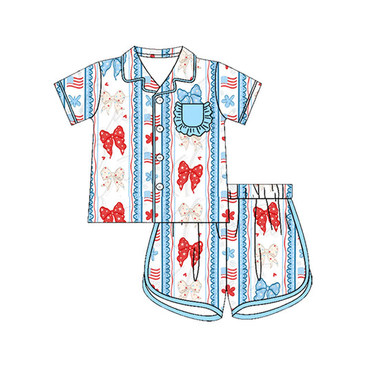Preorder (moq 5)Baby Girls Bow Flags Stripe Button Pocket Top Short 4th of July Pajamas Sets
