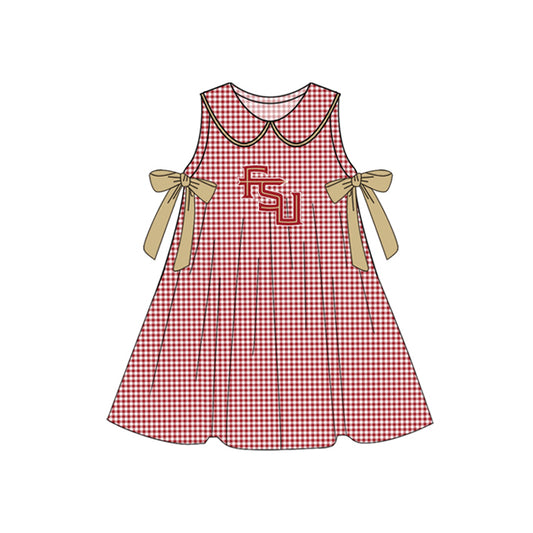 Preorder (moq 5)Baby Girls Red Plaid Sleeveless Bows FSU Team Knee Length Dresses