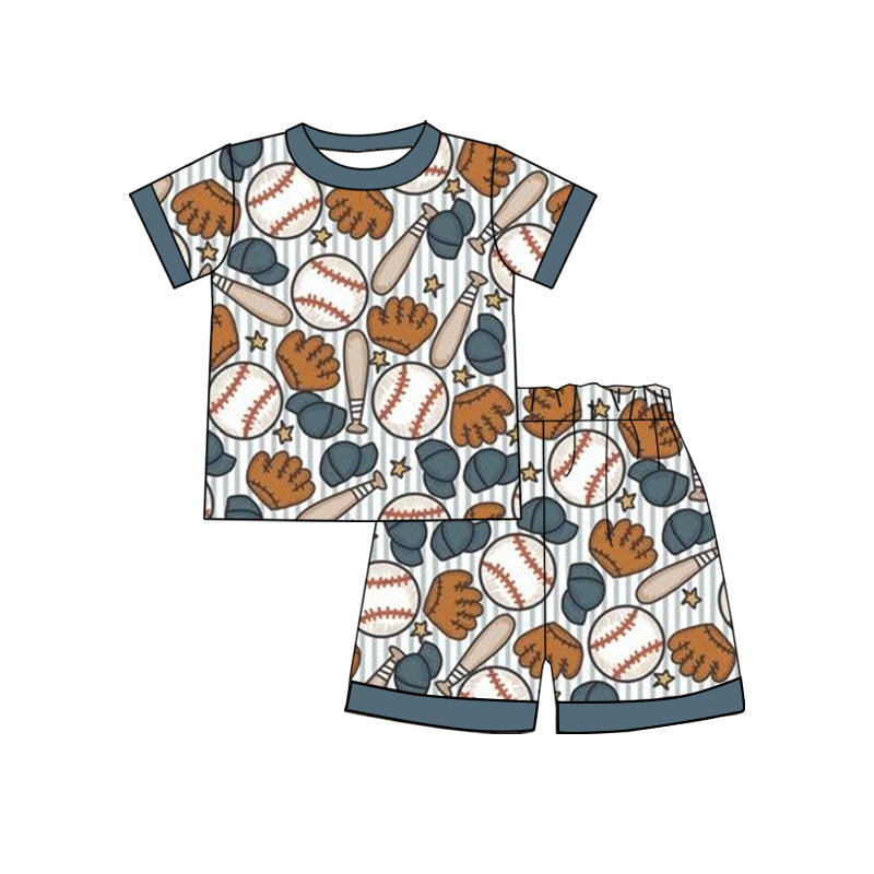 Preorder (moq 5) Baby Boy Clothes Stripe Background Baseball Glove Bat Star Mixed Print Short Sleeve Tee Shorts Set