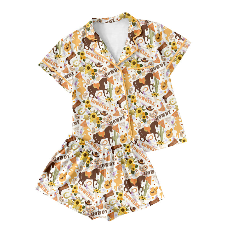 Preorder(moq 5)Adult Women Yellow Boots Horse Buttons Pocket Tee Shirts Shorts Pajamas Sets