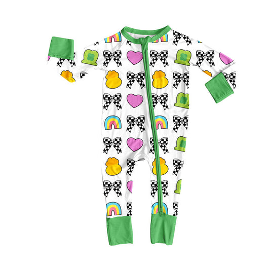 Preorder (moq 8)Baby Boys Long Sleeve Hearts Bows Hats St Patrick Zipper Footie Rompers