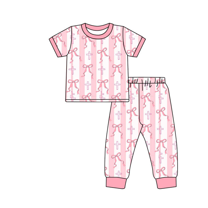 Preorder(moq 5) Baby Girls Pink Bows Cross Stripe Top Pants Easter Pajamas Sets