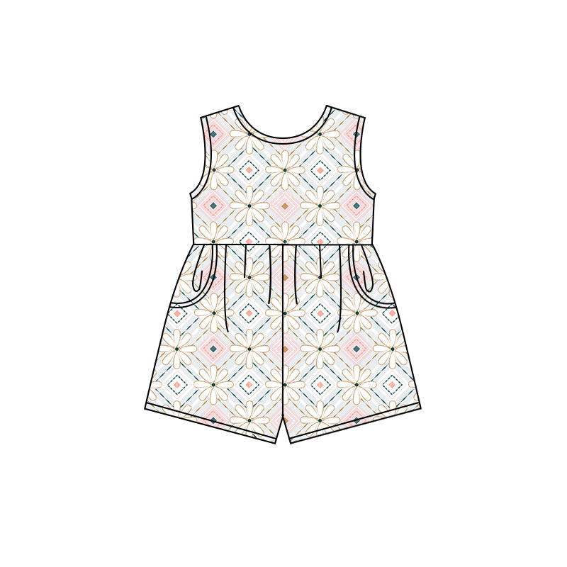 Preorder (moq 5)Baby Girls Pink Aztec Flowers Shorts Summer Jumpsuits