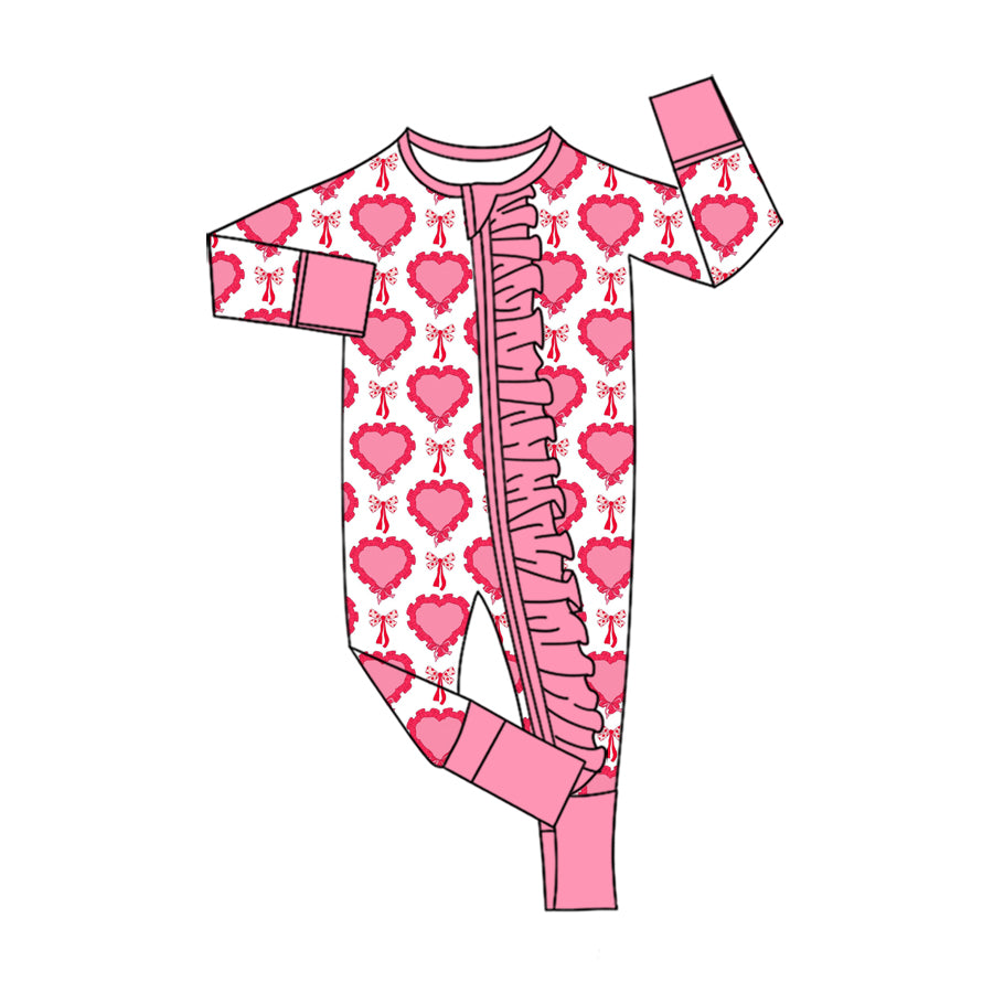 Preorder (moq 5) Baby Girls Heart Bows Valentines Two Way Ruffle Zip Convertible Romper