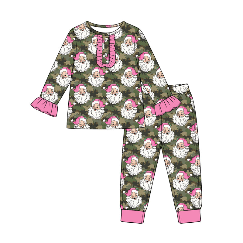 Preorder (moq5) Girls Christmas Santa Print Long Sleeve Pajama Set Kids Two-Piece Sleepwear