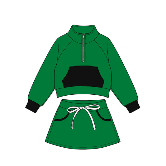 Preorder(moq5) Kids Half Zip Cropped Sweatshirt Skirt 2‑Piece Athletic Outfit