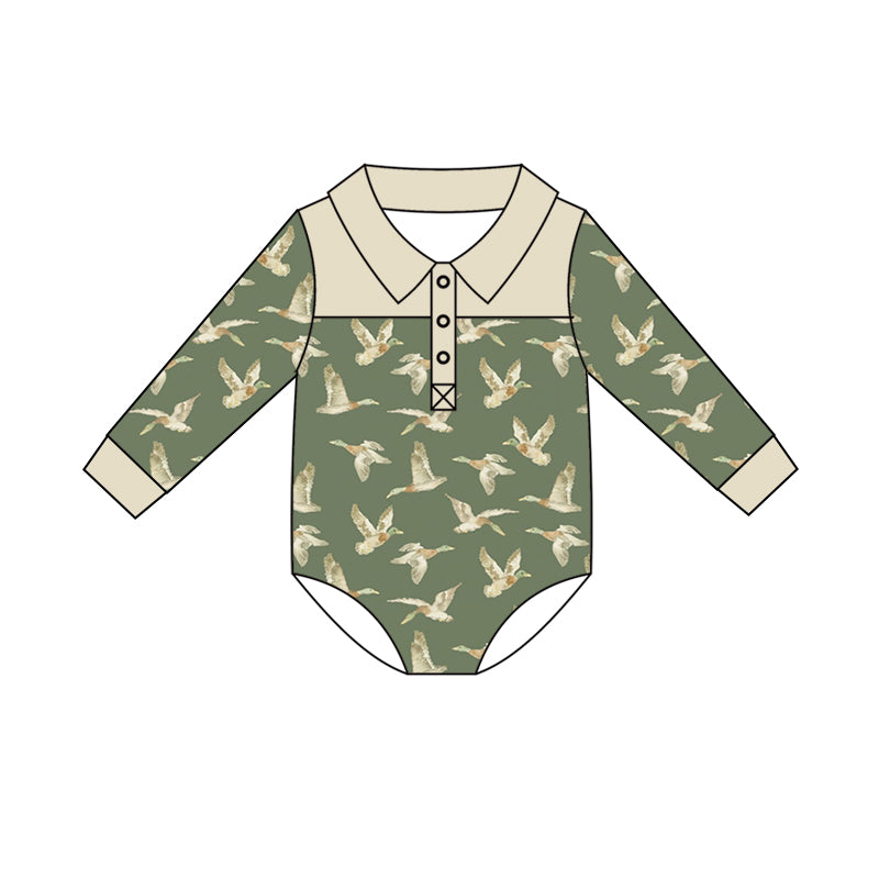Preorder (moq 5)Baby Boys Long Sleeve Ducks Button Hunting Rompers