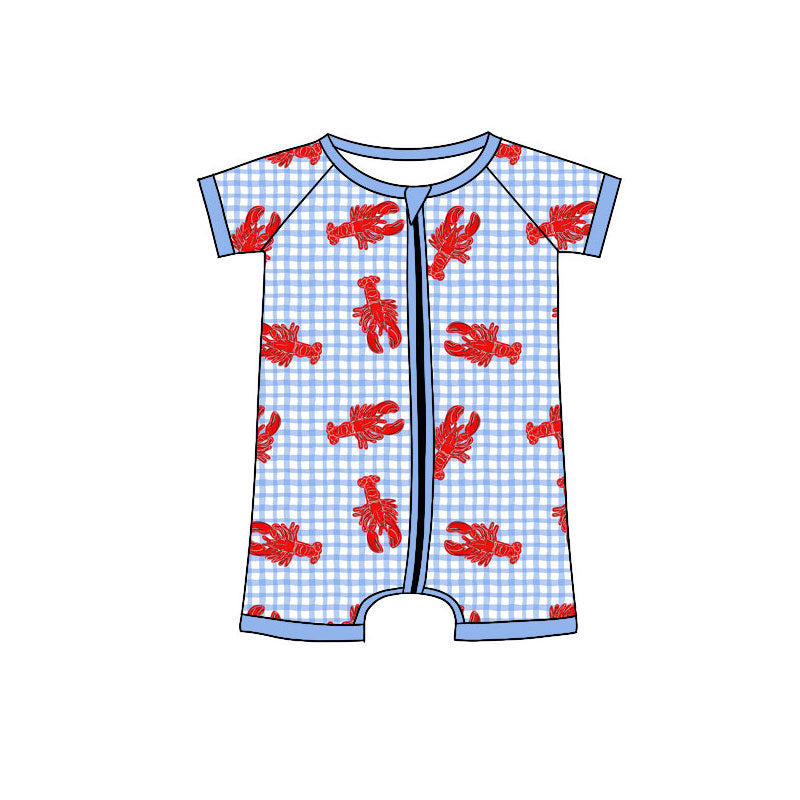 Preorder (moq 5)Baby Boys Blue Checked Short Sleeve Crayfishes Zipper Rompers