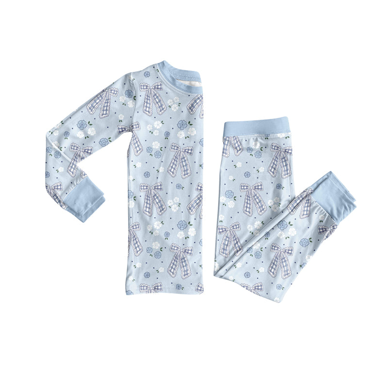 Preorder (moq 5)Baby Girls Blue Bows Flowers Plaid Top Pant Pajamas Set