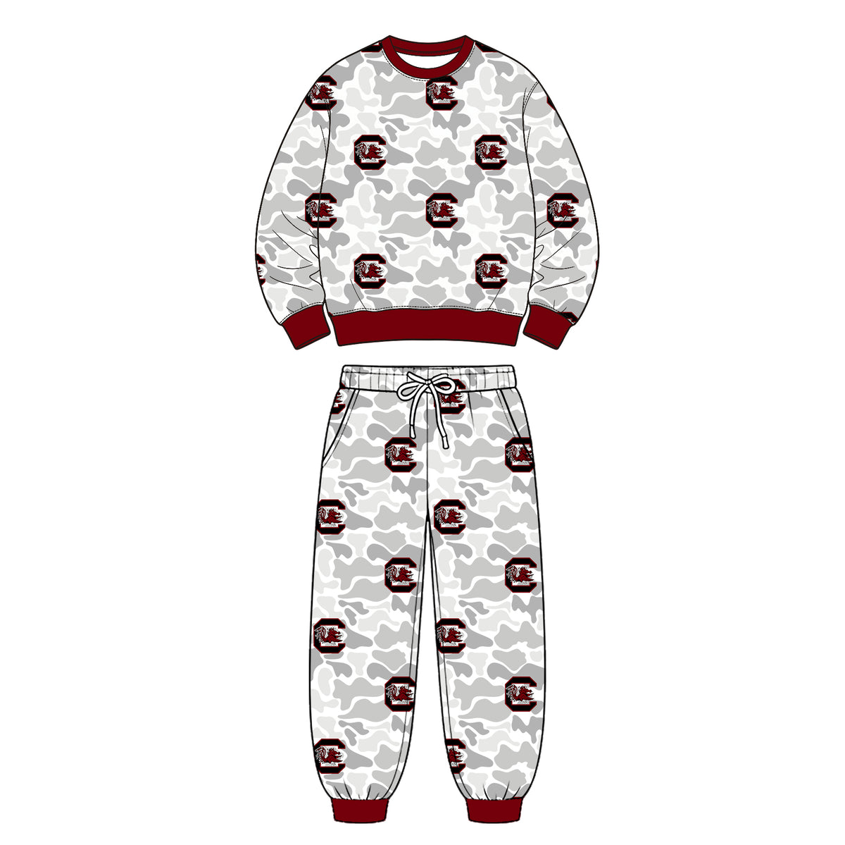 Preorder (moq 5) Baby Boy Clothes Grey Camo Mascot Icon Print Long Sleeve Round Neck Top Jogger Pant Outfit Set