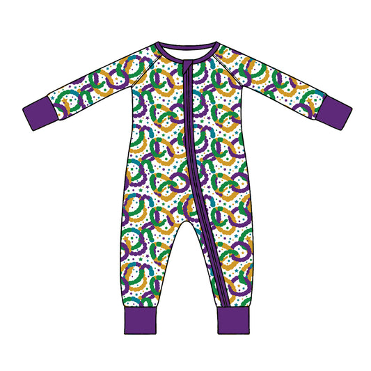 Preorder (moq 5) Baby Girl Clothes Mardi Gras Pretzel Ring Star Mixed Print Long Sleeve Zipper Romper