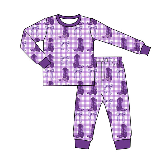 Preorder (moq 5)Baby Boys Purple Checked Boots Bows Top Pants Pajamas Sets
