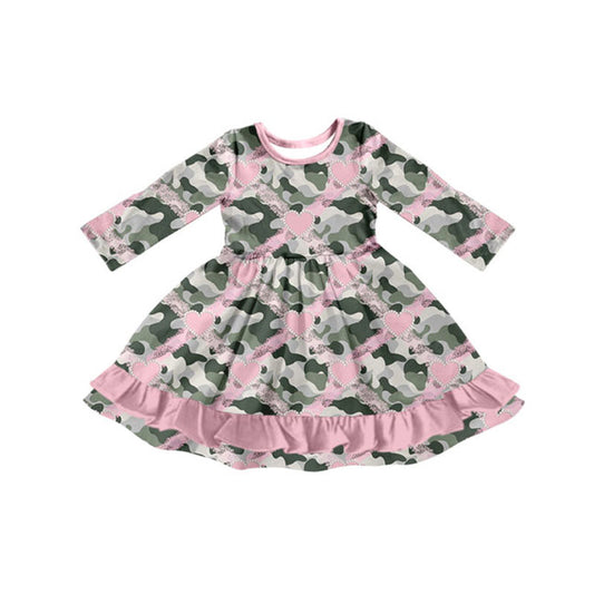 Preorder(moq 8)Baby Girls Olive Camo Hearts Checked Ruffle Knee Length Dresses