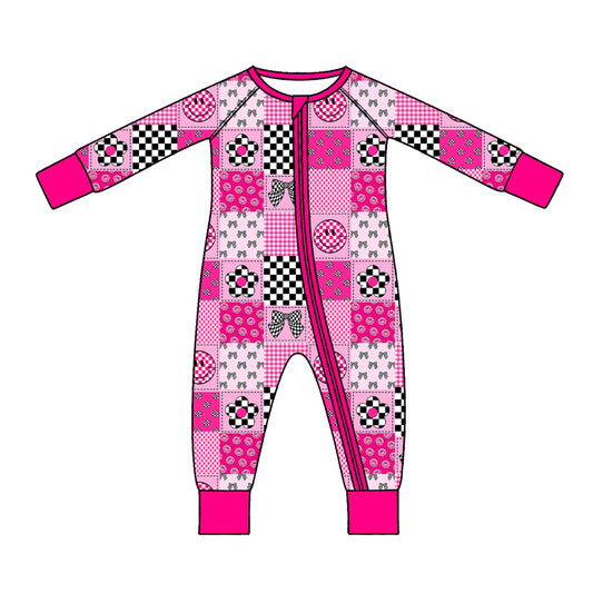 Preorder (moq 5) Baby Girl Clothes Patchwork Check Smile Bow Floral Mixed Print Long Sleeve Zipper Baby Romper