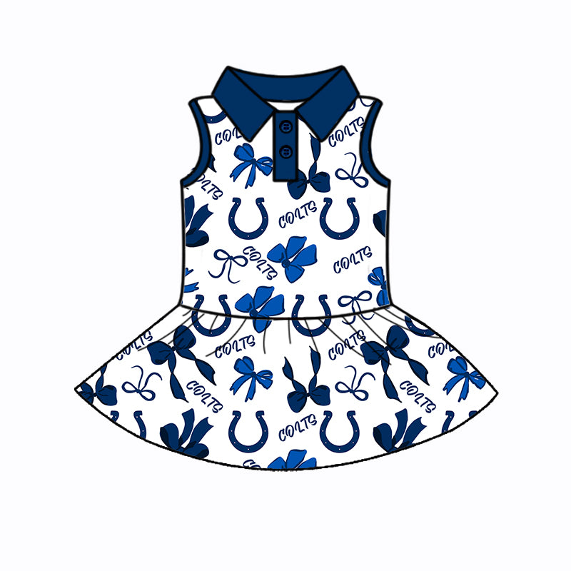 Preorder (moq 5)Baby Girls Blue Sleeveless Bows Plaid Colts Button Team Knee Length Dresses