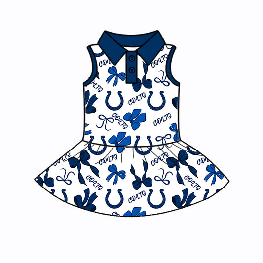 Preorder (moq 5)Baby Girls Blue Sleeveless Bows Plaid Colts Button Team Knee Length Dresses