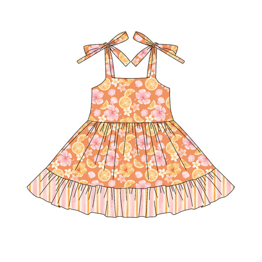 Preorder (moq 5)Baby Girls Orange Bows Strap Lemons Flowers Ruffle Knee Length Dresses