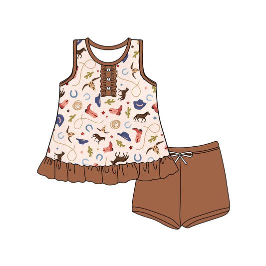 Preorder (moq 5)Baby Girls Brown Sleeveless Button Boots Cactus Tunic Short Set