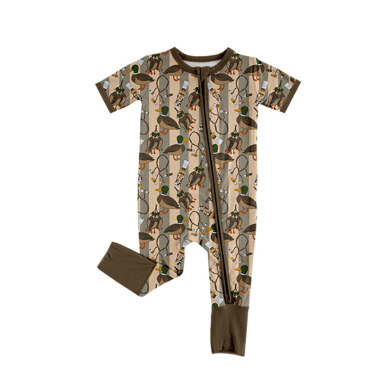 Preorder (moq 5)Baby Boys Brown Stripe Short Sleeves Ducks Calls Zipper Rompers