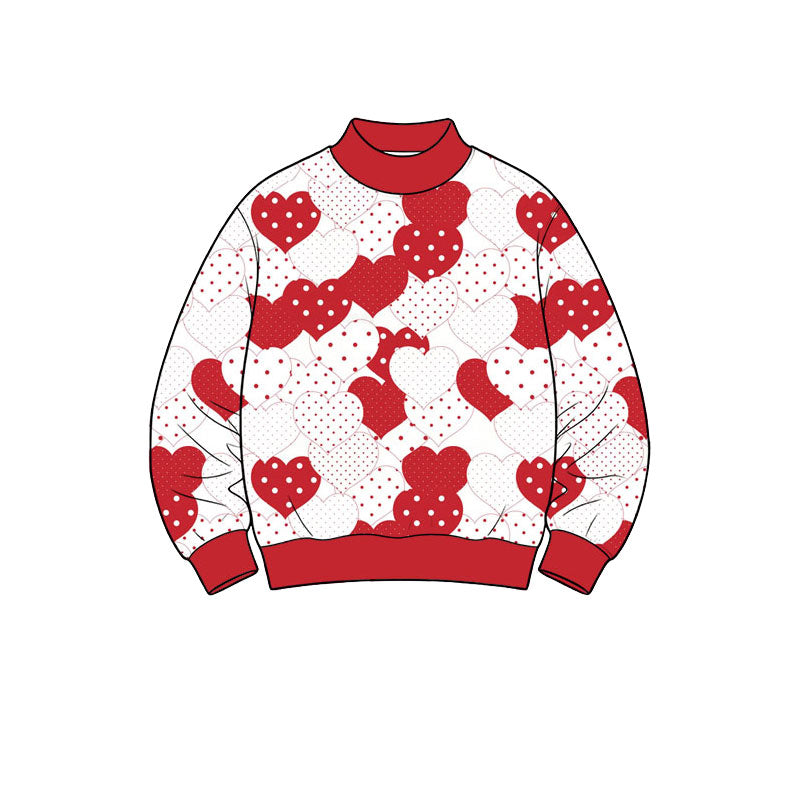 Preorder (moq 5) Baby Girl Clothes Red White Polka Dot Heart Print Long Sleeve Mock Neck Sweatshirt