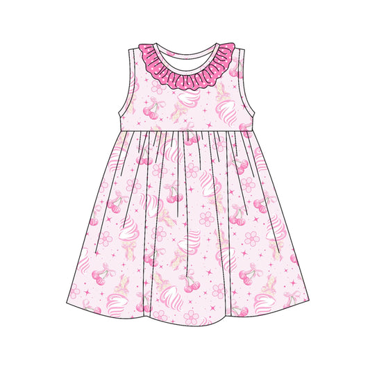 Preorder (moq 5)Baby Girls Pink Sleeveless Bows Floral Knee Length Dresses