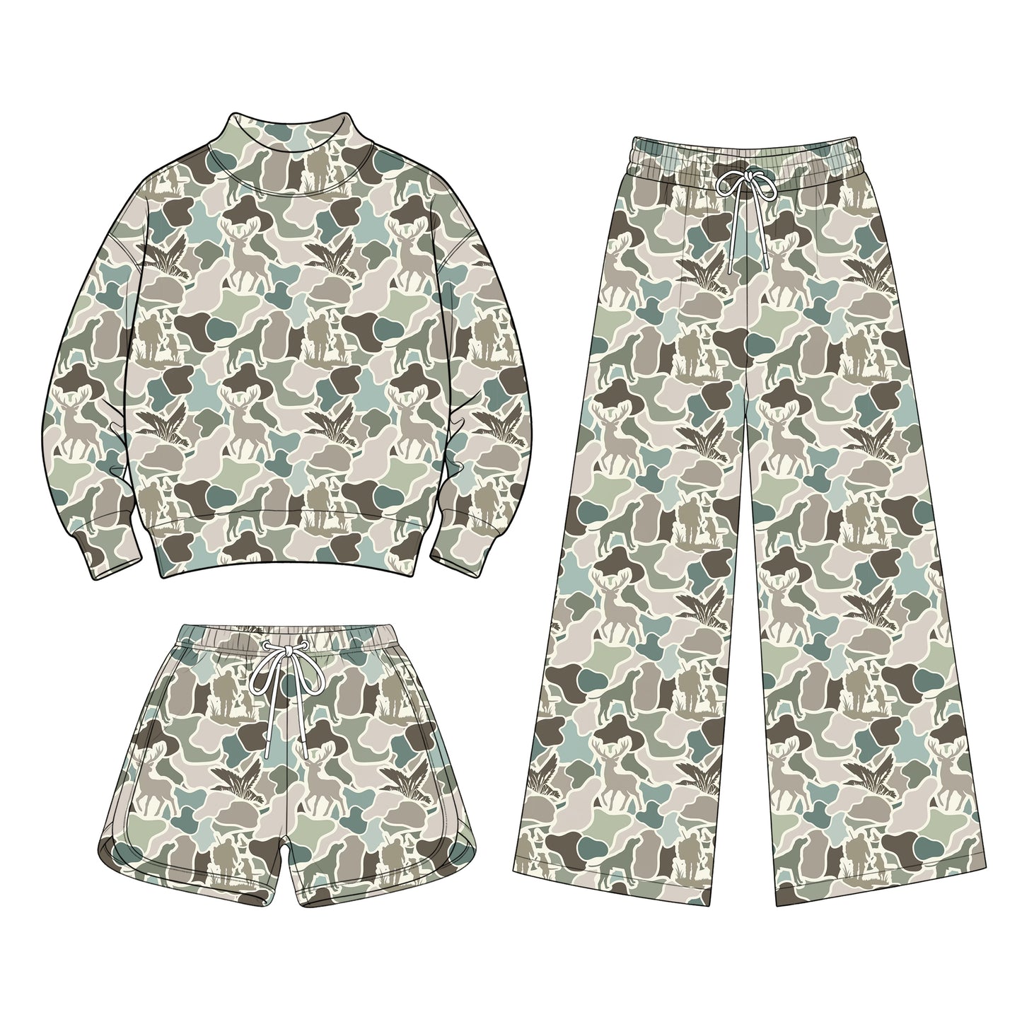 Preorder (moq 5) Baby Girls Camo Shirt Shorts Flare Pants Team Three Pieces Clothes Sets