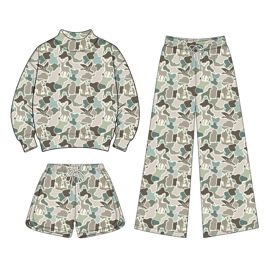 Preorder (moq 5) Baby Girls Camo Shirt Shorts Flare Pants Three Pieces Clothes Sets