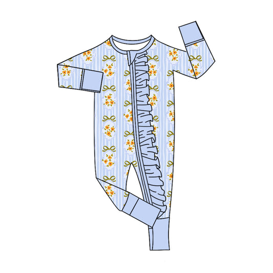 Preorder (moq 5)Baby Girls Blue Stripe Bows Flowers Two Way Ruffle Zip Convertible Rompers