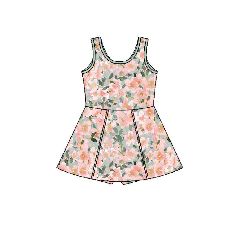 Preorder(moq 5) Baby Girls Peach Floral Shorts Knee Length Dresses