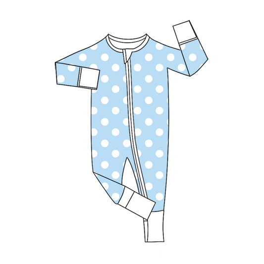 Preorder (moq 5)Baby Girls Blue Polka Dots Two Way Zip Convertible Rompers
