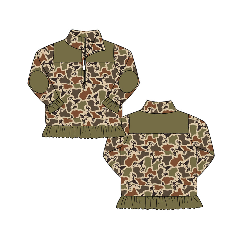 Preorder（moq 5）Girls’ Camo Moose Half-Zip Top with Ruffle Hem, Fall Thanksgiving Jacket