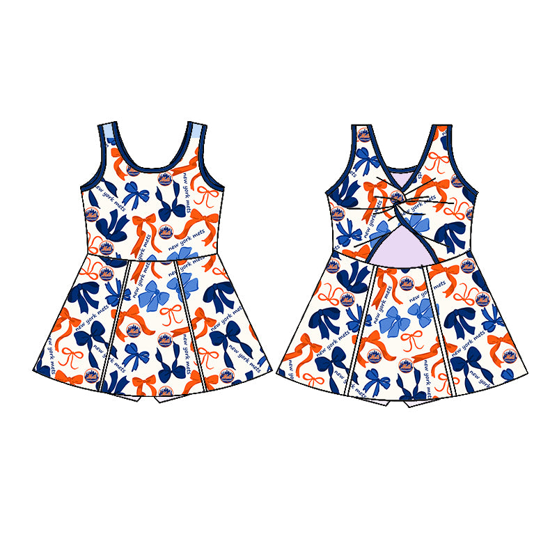 Preorder (moq 5)Baby Girls Blue Orange Bows Plaid New York Mets Short Team Knee Length Dresses
