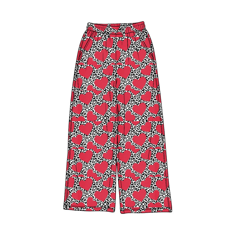 Pre-order(moq5) Girls’ Fall Red Heart Print Wide-Leg Pants, Elastic-Waist Casual Straight-Leg Long Trousers