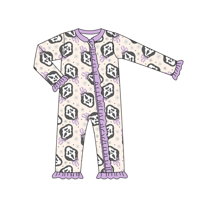 Preorder (moq 5)Baby Girls Long Sleeves Bows Ghosts Plaid Ruffle Zipper Pant Romper