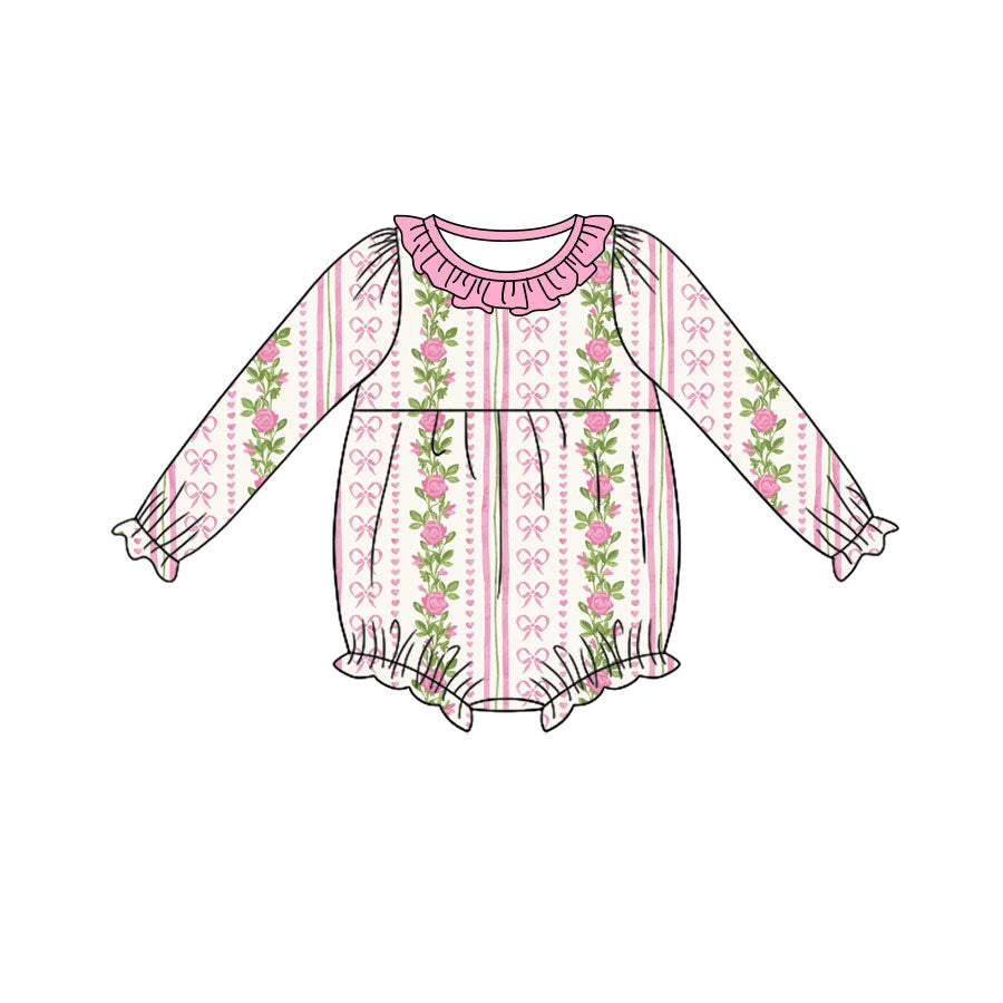 Preorder (moq 5) Baby Girl Clothes Rose Bow Vertical Stripe Print Long Sleeve Ruffle Bubble Romper