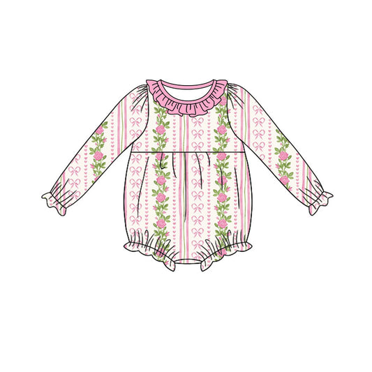 Preorder (moq 5) Baby Girl Clothes Rose Bow Vertical Stripe Print Long Sleeve Ruffle Bubble Romper