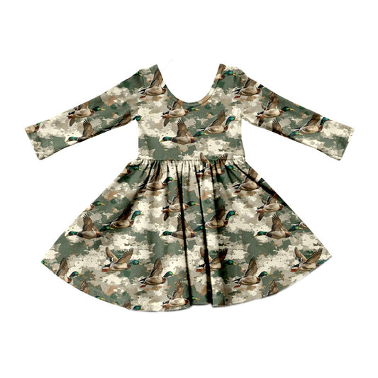 Preorder (moq 5) Baby Girl Clothes Mallard Duck Camo Print Long Sleeve Twirl Dress
